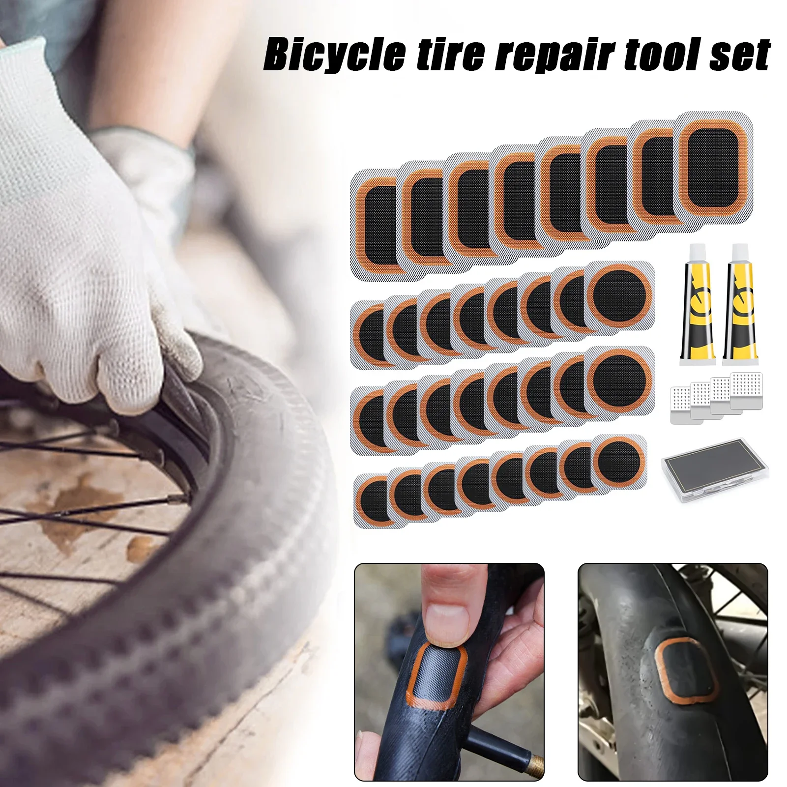 Bike Tube Repair Kit - 2026-バイクタイヤ修理キットは持ち運びに便利で、ポータブル収納ボックス付きで、オートバイや自転車のインナーチューブのパンクに適しています。